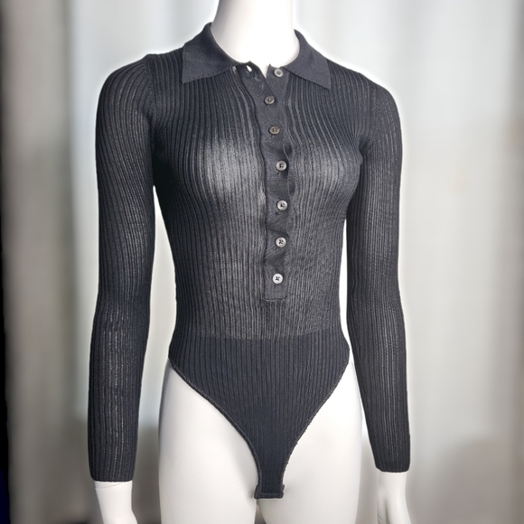 Ralph Lauren Semi Sheer Longsleeve Ribbed Bodysuit Black size Small